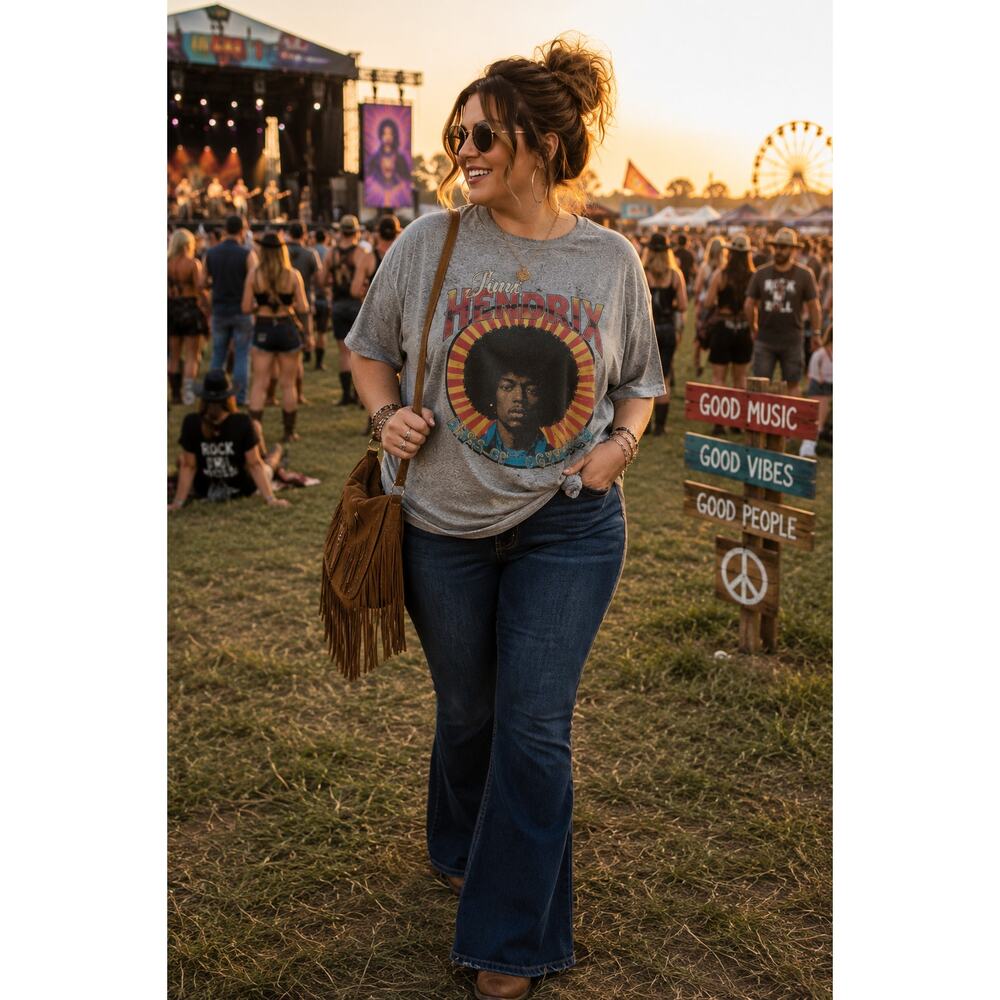 Lucky Brand Jimi Hendrix Womens 2X Gray Glitter Graphic Band Tee Plus Size Rock